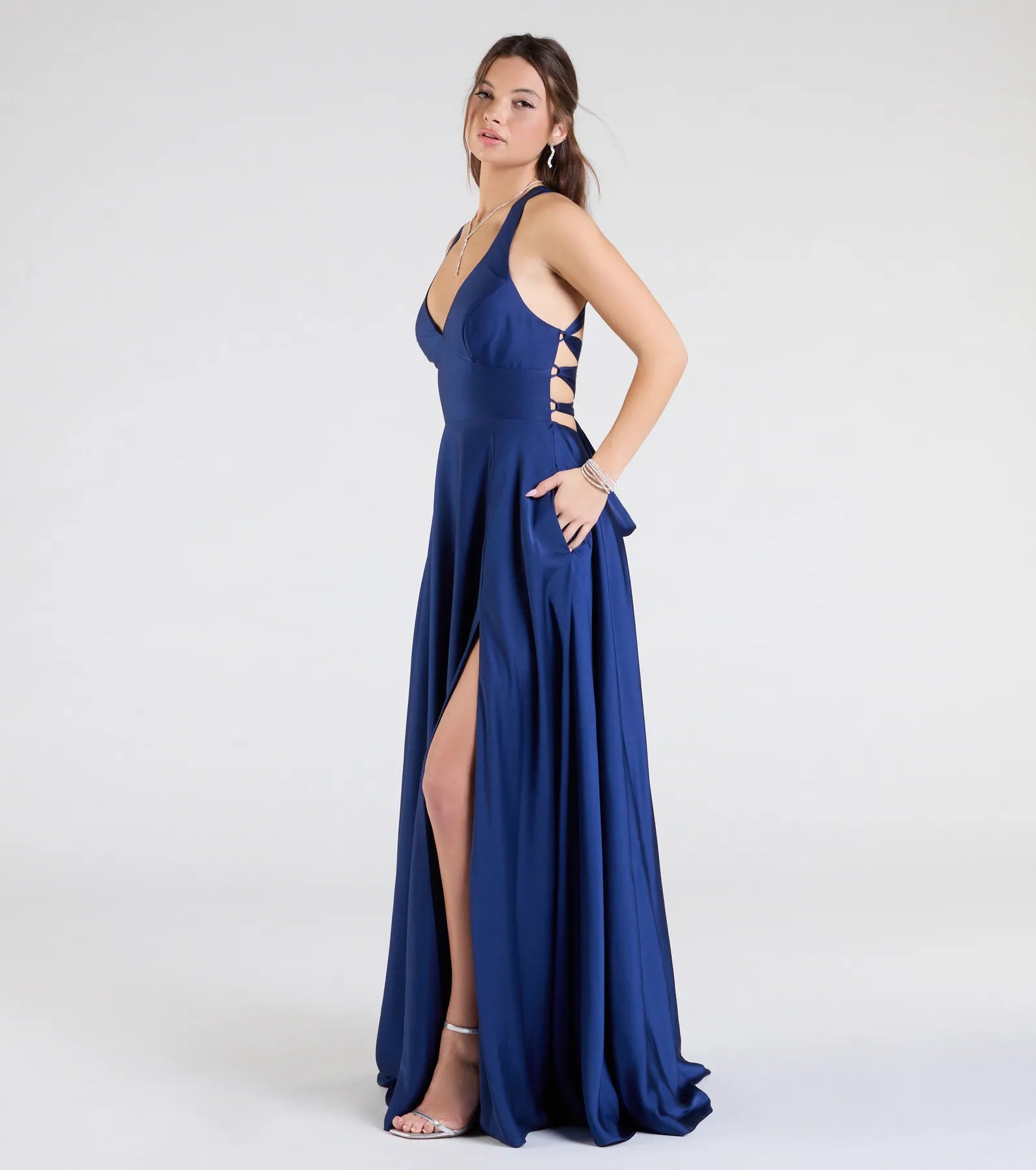 Abbey Lace-Up Slit A-Line Satin Formal Dress