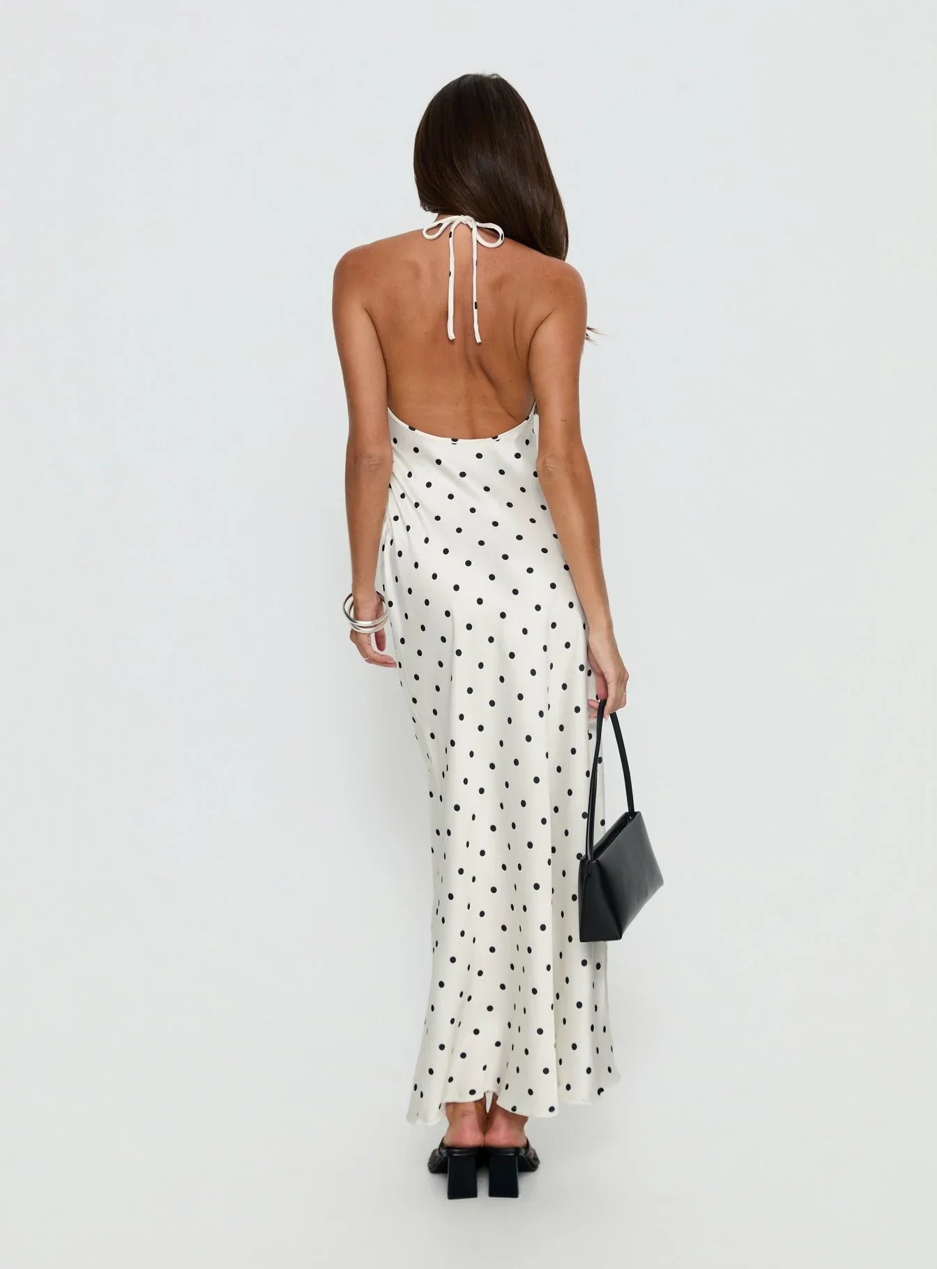 Costella Halter Satin Maxi Dress Cream Polka Dot