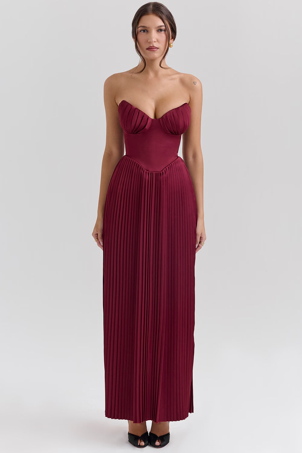 berry pleated satin maxi dress